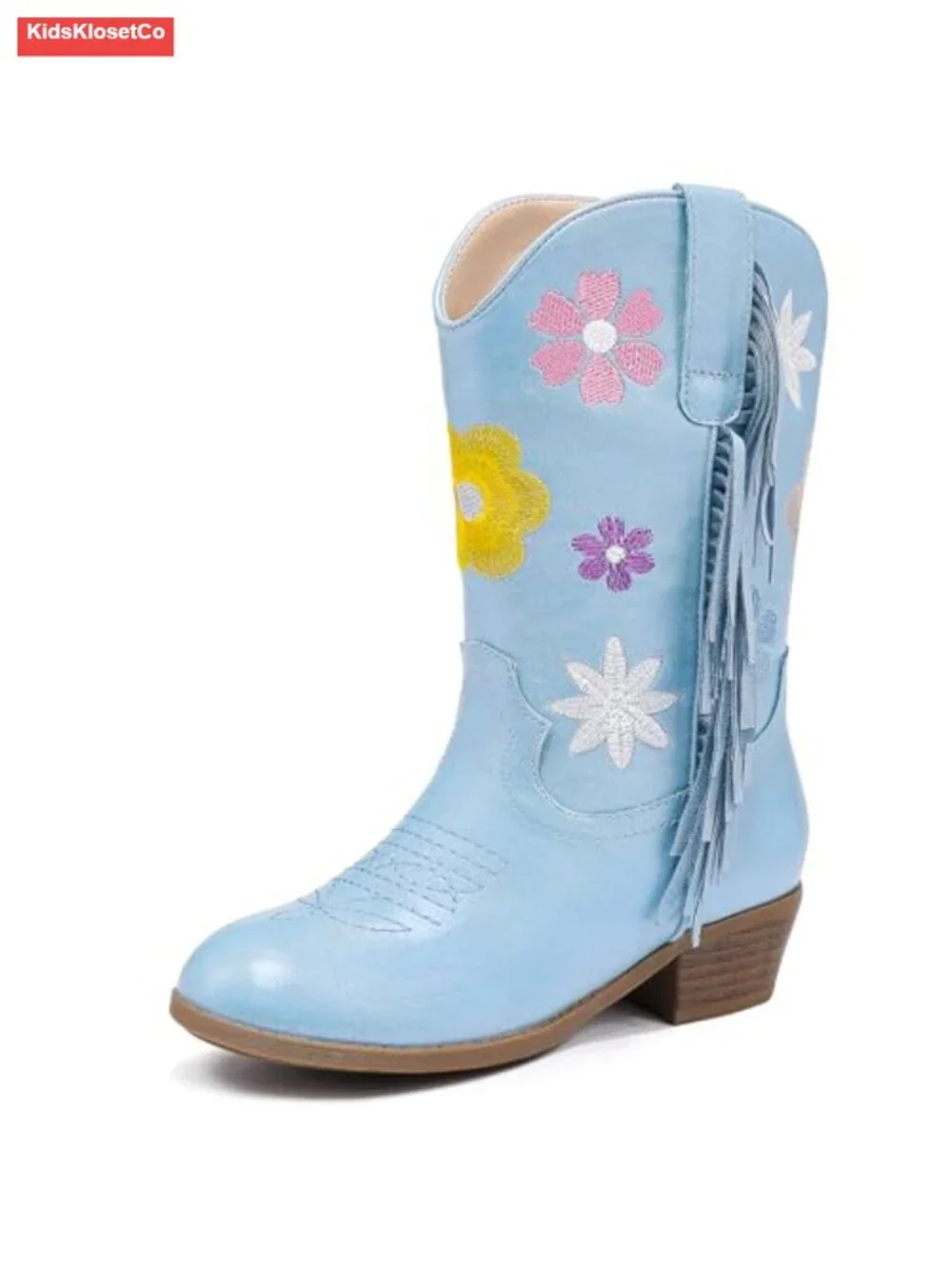 Floral Embroidered Fringe Cowgirl Boots with Side Zipper for Little Big Kids